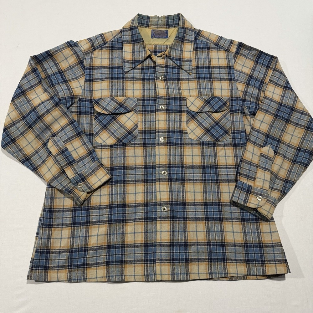 VTG 70s Pendleton Board Shirt XL Blue Tan Plaid Wool Loop Collar Flannel USA